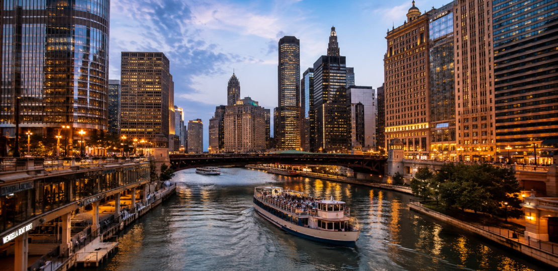 Downtown Chicago skyline and luxury riverfront hotels