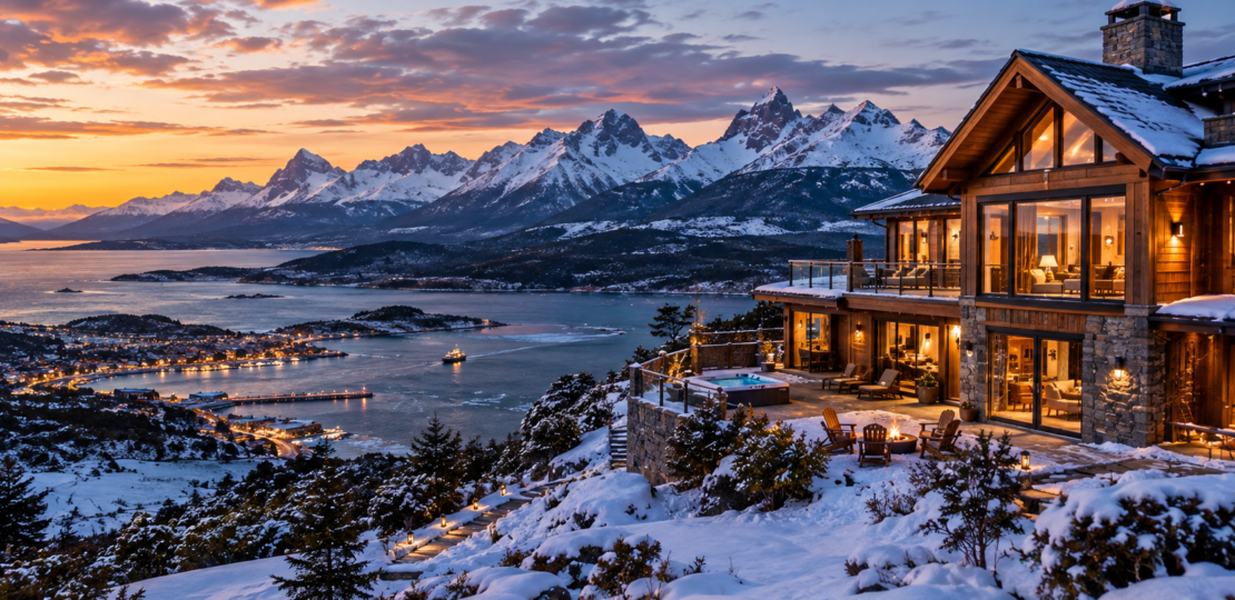 Luxury alpine villa in Ushuaia overlooking snow-capped mountains and the Beagle Channel
