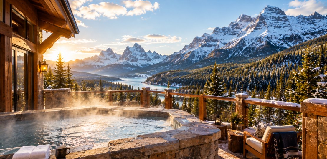 Luxury mountain chalet balcony in Banff Canada